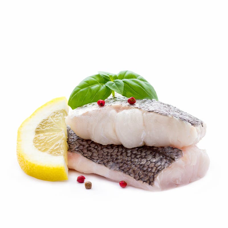 Hake Fillet with Skin and Lemon, Isolated Stock Photo Image of