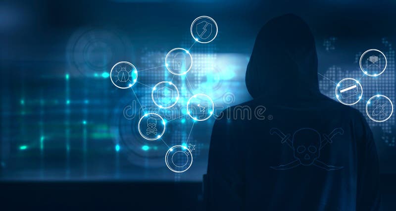 Hakker de status en treft om met de pictogrammen van de cybermisdaad aan te vallen voorbereidingen