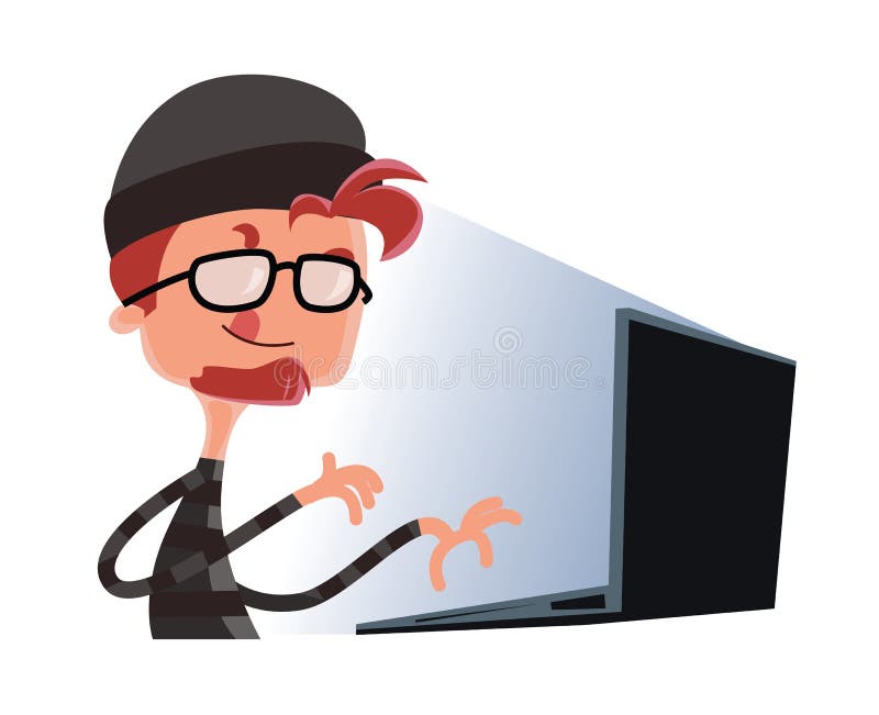 Hakker het typen op een het beeldverhaalkarakter van de computerillustratie royalty-vrije illustratie Hakker het typen op een het beeldverhaalkarakter van de computerillustratie royalty-vrije illustratie