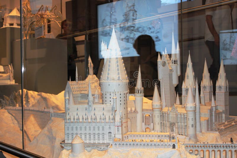 Hogwarts Castle model cased in glass displayed at Warner Bros. Studios, London, UK , Making of Harry Potter Studio Tour. Hogwarts Castle model cased in glass displayed at Warner Bros. Studios, London, UK , Making of Harry Potter Studio Tour