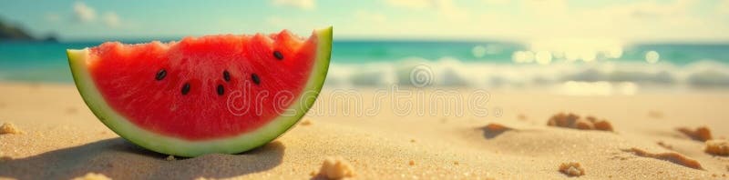 Halb gegessen Wassermelone Keilgolden Strand Einstellung pink Meer lecker. Halbgegessen Wassermelon Keilgolden Strand Einstellung pink Meer leckere Vector Illustration für hochwertigen Druck AI Generiert