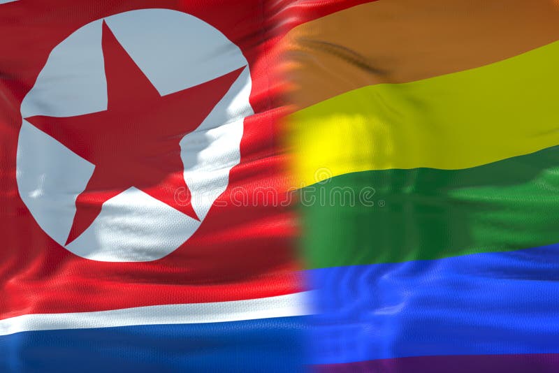 Halbes Wellenartig bewegen bunt von der Regenbogenflagge des homosexuellen Stolzes und vom halben Nord-ko stockfotos Halbes Wellenartig bewegen bunt von der Regenbogenflagge des homosexuellen Stolzes und vom halben Nord-ko stockfotos
