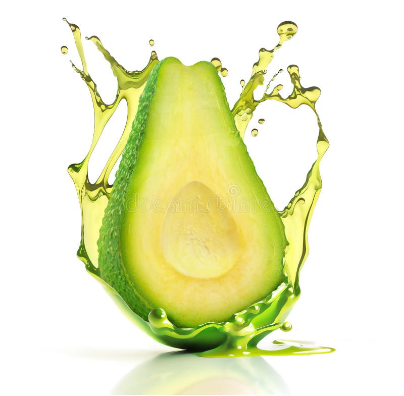 Half of Avocado in a Splash of Avocado Oil Isolated on White Background