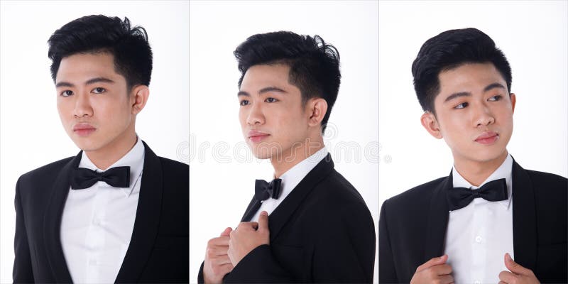 Half Body Portrait 20s Asian Business Man Wear Black Formal Suit Pants