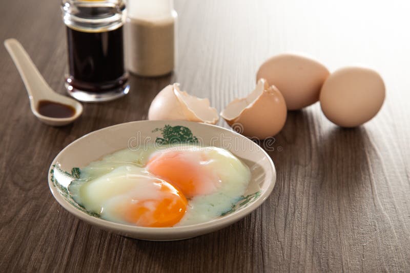 Half boiled organic eggs,  popular Chinese style breakfast in Malaysia kopitiam