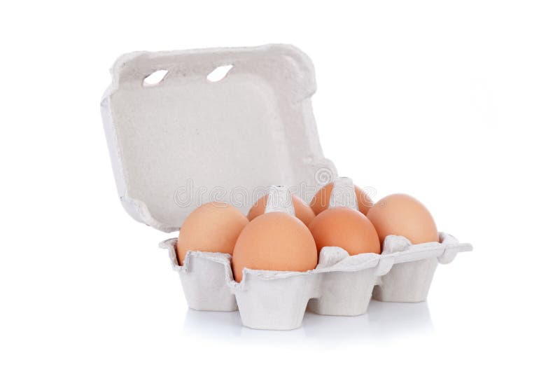 Half dozen brown chicken eggs in box isolated