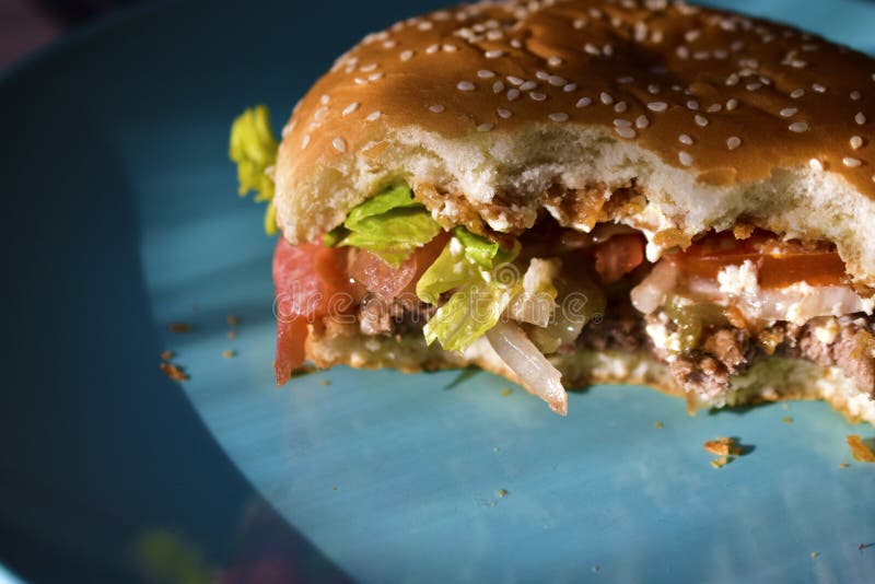 A Halfeaten Meat Burger with Vegetables on a Blue Plate Stock Image