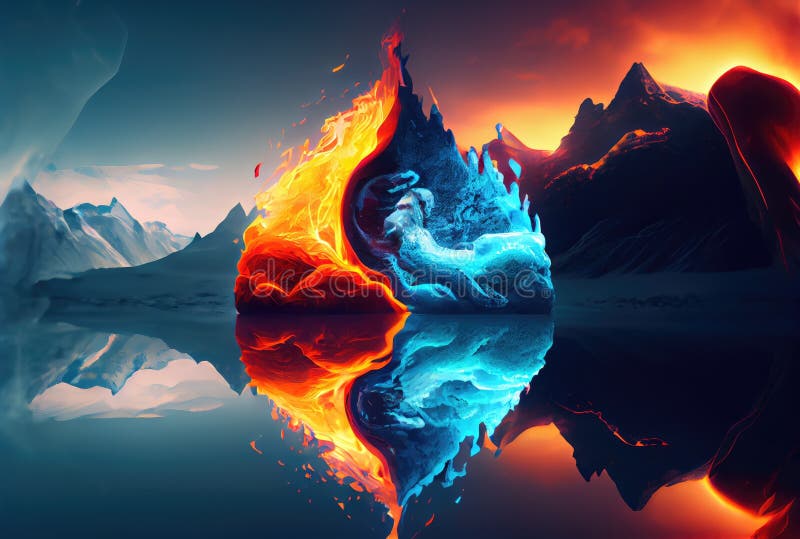 Half Fire and Half Ice Mountains with the Sky Background. Metaphor and