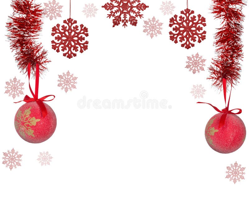 Half frame from red christmas tree decorations on white