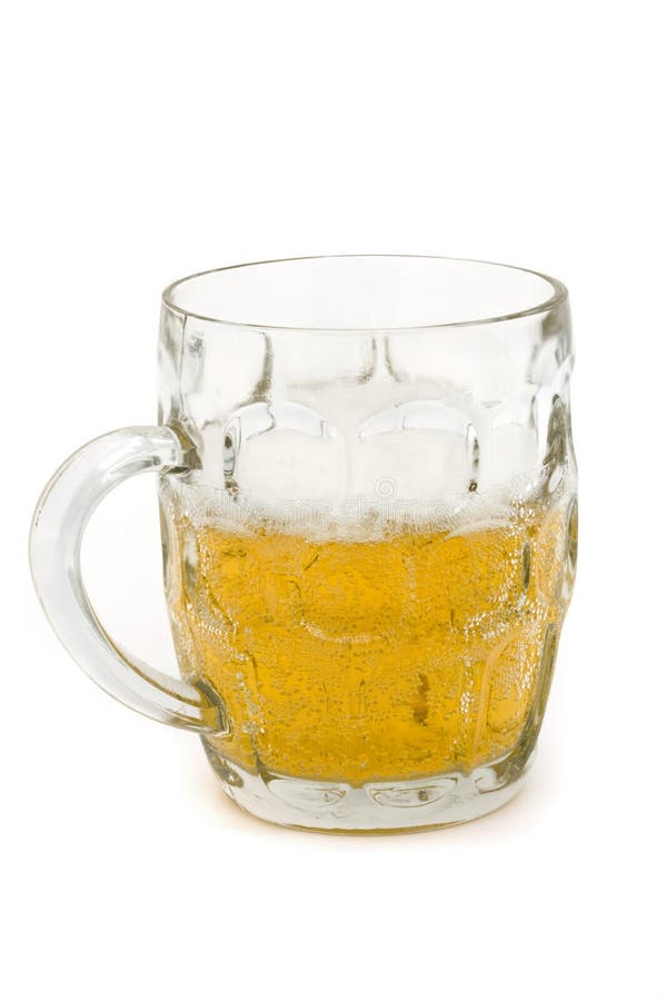 Half full glass beer tankard over white