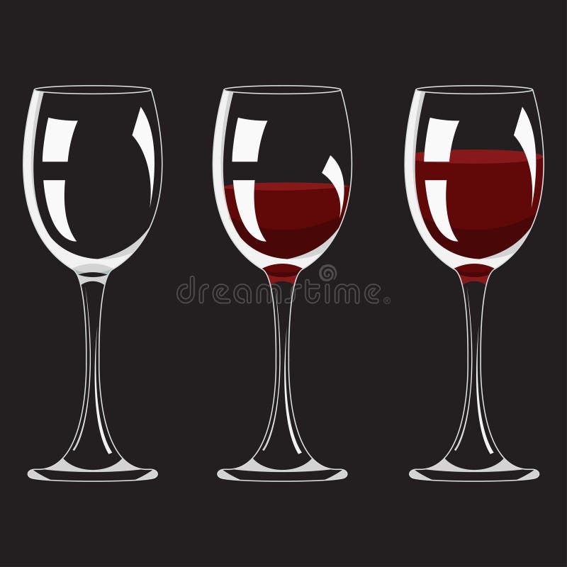 Half and Full Glass and with Red Wine Set Realistic Empty Alcohol Drink. Vector vector illustration