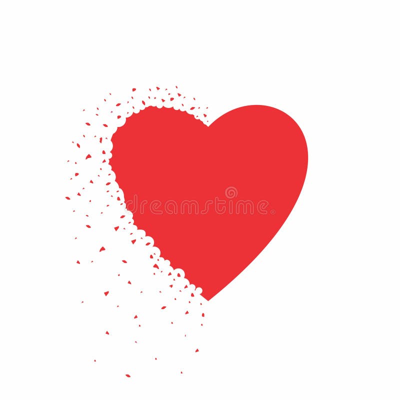 Half Heart Scattered in particles from edges in vector flat design illustration. Valentine red heart. Two phases of Heart break .