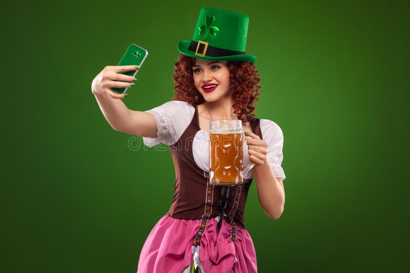 Happy Young Woman Taking Selfie On Smartphone St Patrick Day Young Redhead Oktoberfest 