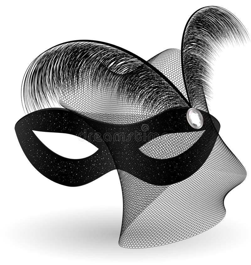 On an white background is a carnival black half mask decorated with veil and feathers. On an white background is a carnival black half mask decorated with veil and feathers