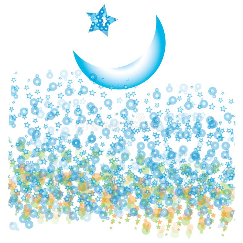 Half moon with blue bubbles and stars stock illustration