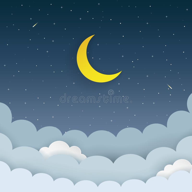 Half Moon, Stars and Clouds on the Dark Night Sky Background. Paper Art ...