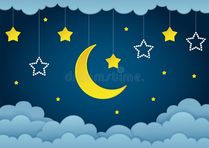 Half moon, stars and clouds on the dark night sky background. Paper art. Garland with stars.
