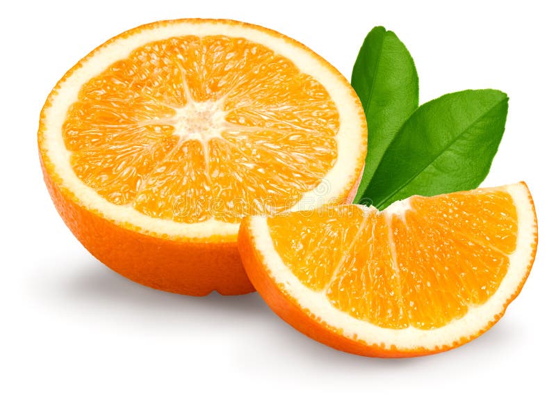 Half of Orange Fruit with Green Leaves Isolated on White Background