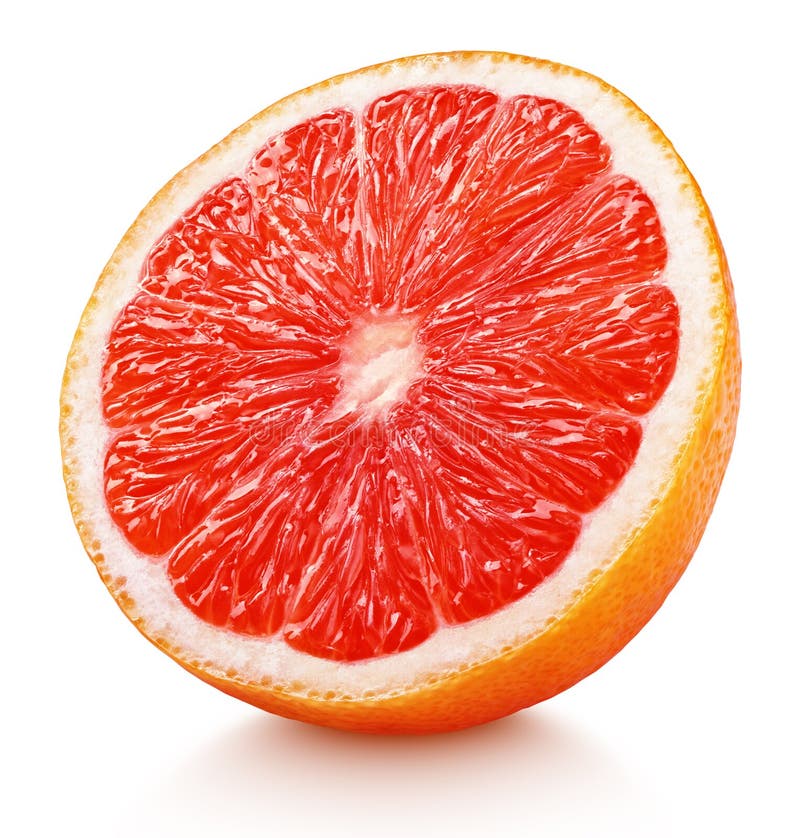 Ripe half of pink grapefruit citrus fruit isolated on white background with clipping path