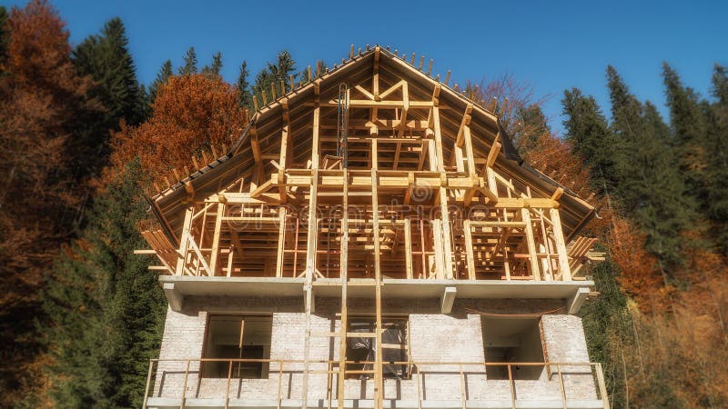 Wooden brick Half-timbered house under construction