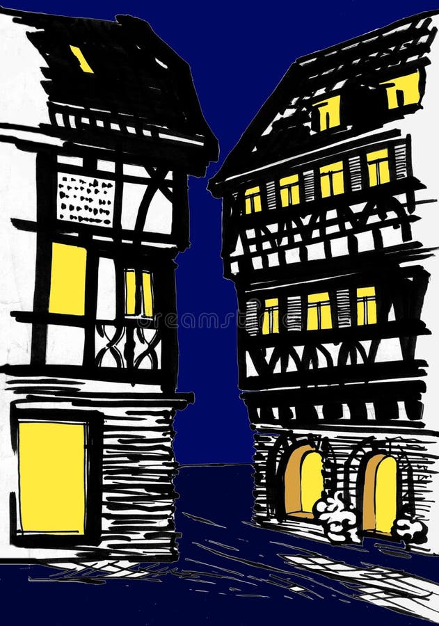 Half-timbered houses in the night