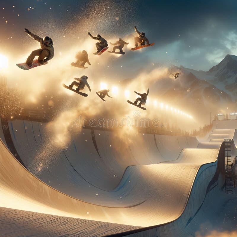 439 60. Snowboarding Halfpipe_ A scene where snowboarders soar through a halfpipe that sparkles with stardust, performing gravity-defying flips and spins., pho-2. 439 60. Snowboarding Halfpipe_ A scene where snowboarders soar through a halfpipe that sparkles with stardust, performing gravity-defying flips and spins., pho-2