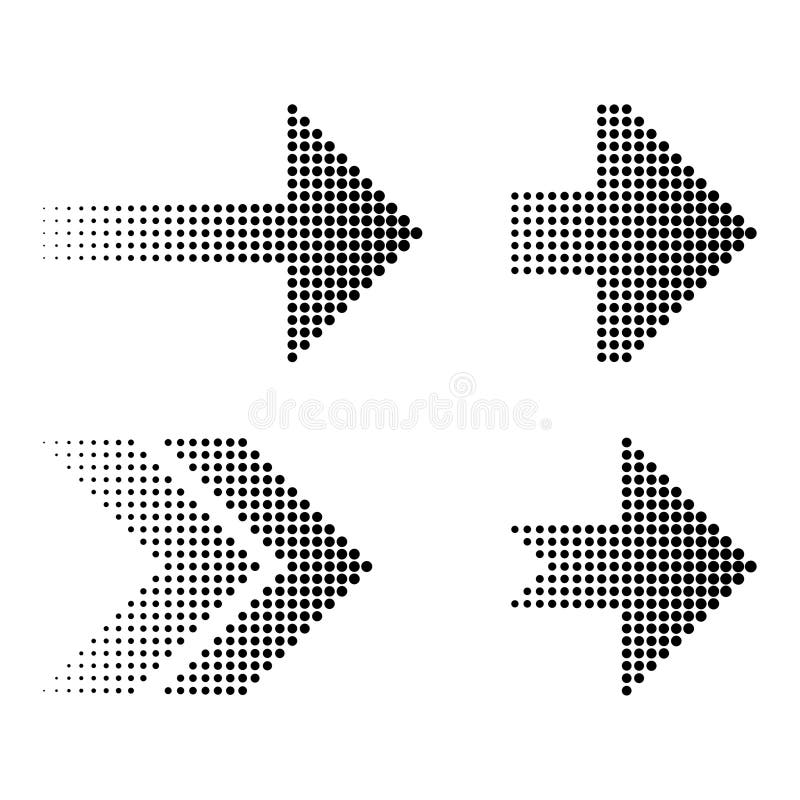 Halftone arrow set. Dotted direction icons. Pixel gradient Vector. Dynamic pointer symbols. royalty free illustration