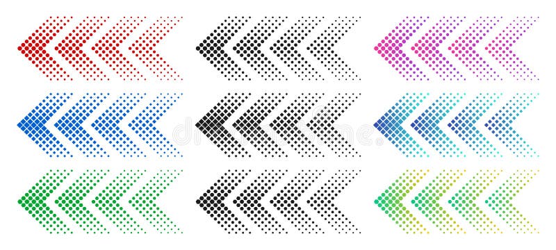 Halftone arrows. Color web arrow with dots. Colorful dotted moving forward and download symbols. Direction signpost gradient arrows web logo. Isolated colorful vector icons set. Halftone arrows. Color web arrow with dots. Colorful dotted moving forward and download symbols. Direction signpost gradient arrows web logo. Isolated colorful vector icons set