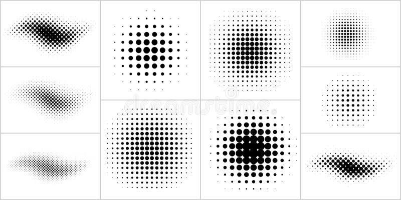 Halftone brush, dots curved gradient pattern. Grunge dotted half tone. Circle shape dot texture. Vector background