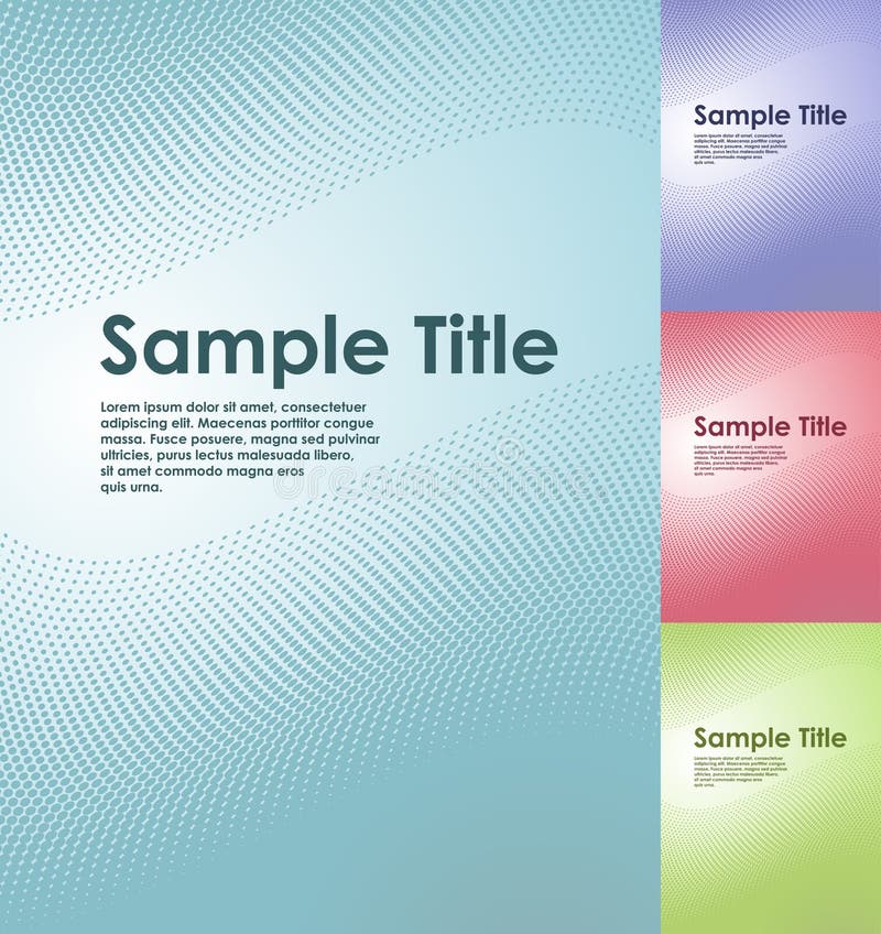 Austere halftone business title page vector template with copyspace in four color schemes.