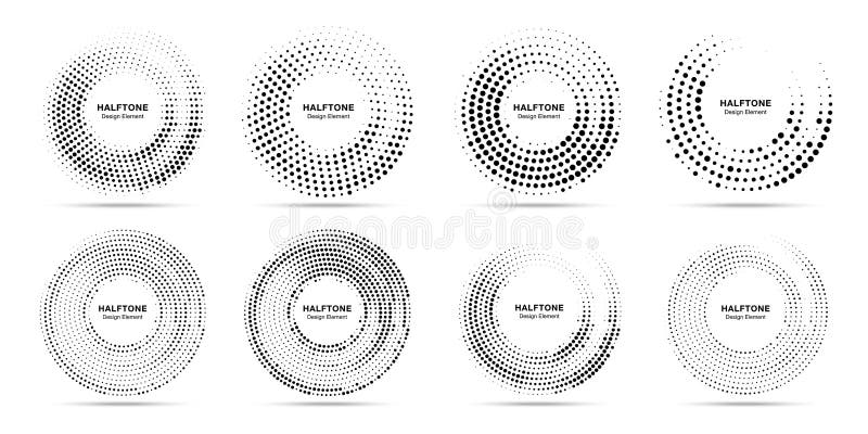 Halftone circle dotted frame circularly distributed. Logo emblem design element. Half tone circular background pattern. stock illustration