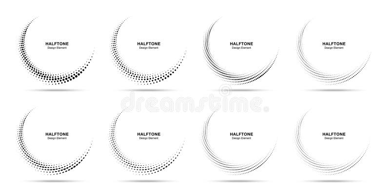 Halftone circle dotted frame circularly distributed set. Circle dots logo emblem halftone dots pattern. Vector. royalty free illustration