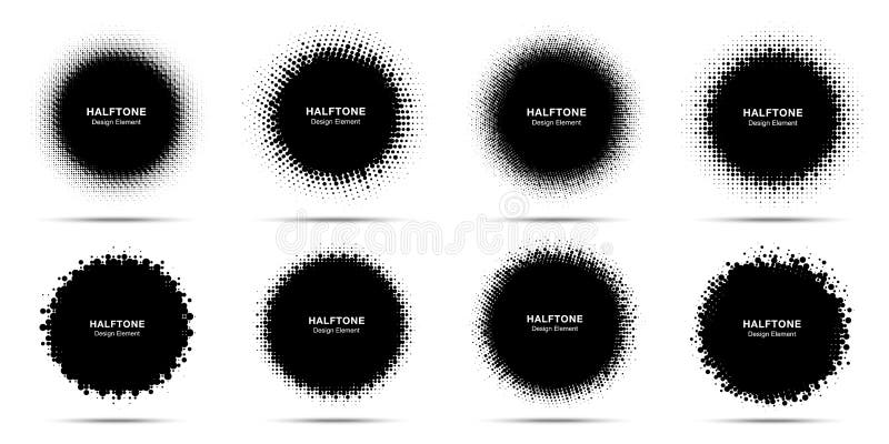 Halftone circle frame emblem set. Halftone circular icon collection. Grunge halftone circle dots raster texture. Vector vector illustration