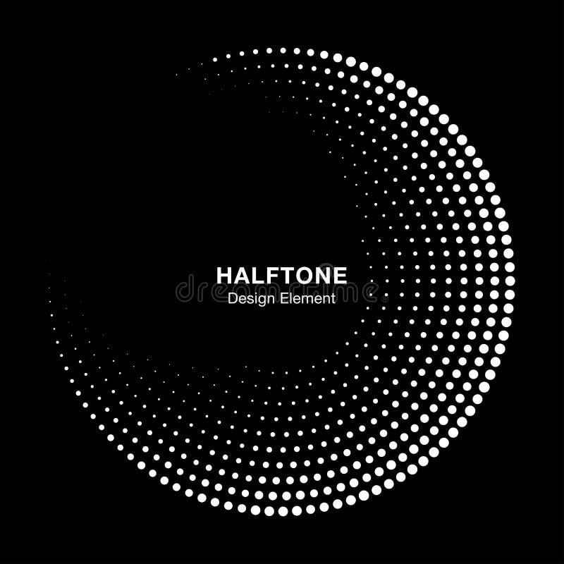 Halftone circle frame with white abstract dots on black background. Logo design element. Vector. stock illustration