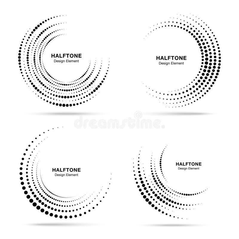 Halftone circular vortex dotted frame set. Circles swirl dots isolated on white background. Logo design element.