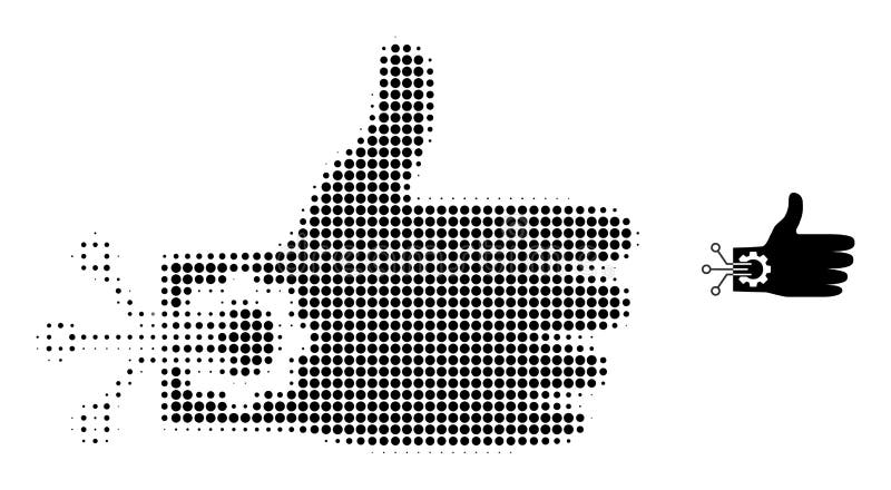 Halftone Dotted Mechanical Hand Icon. Mechanical hand halftone dotted vector. Mechanical hand vector icon mosaic is created from halftone array which contains circle elements.