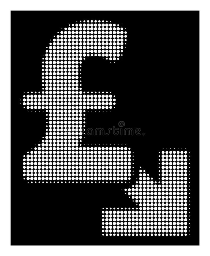 Halftone pixel pound decrease icon. White pictogram with pixel geometric pattern on a black background. Vector pound decrease icon done of circle items. Decrease pound icon vectors