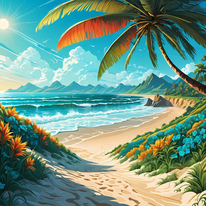 A halfway hourney in a summer day, with beautiful beach, wildplants, palm tree, waves, vector art royalty free stock photos