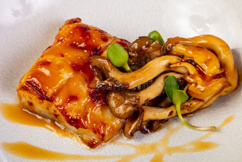 Halibut with mushroom stock image. Image of lunch, eating 123932813