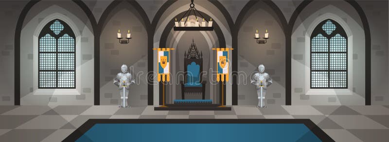 Castle hall. Medieval palace with royal decor and furniture. Interior with dining table, throne. Cartoon vector. Hall castle. Medieval palace royal decor royalty free illustration Castle hall. Medieval palace with royal decor and furniture. Interior with dining table, throne. Cartoon vector. Hall castle. Medieval palace royal decor royalty free illustration