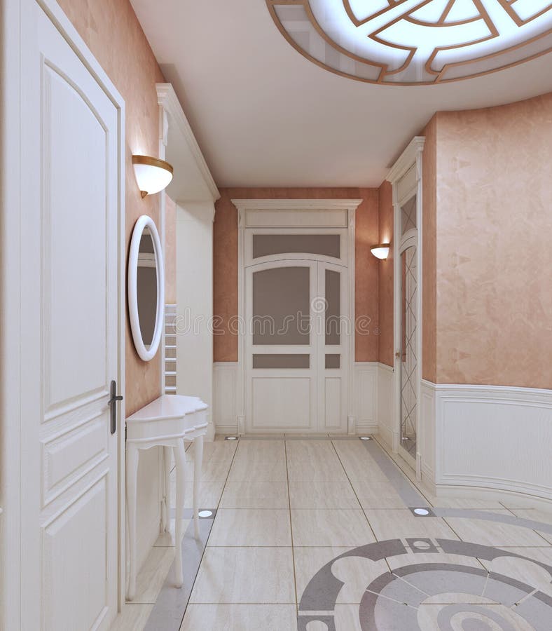 Hall Corridor in Classic Style in Pink Pastel Colors Stock Illustration