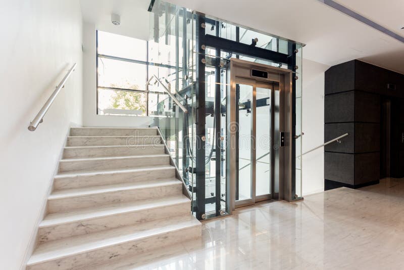 Hall with staircase and elevator stock image Hall with staircase and elevator stock image