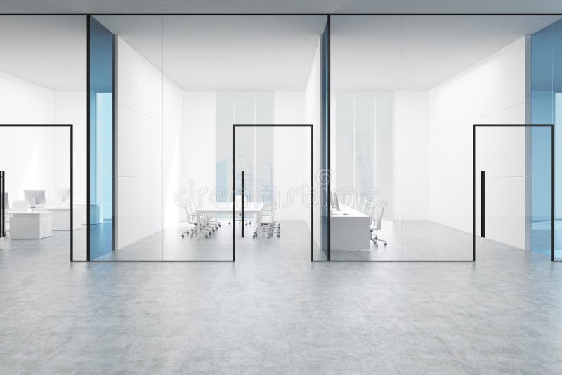 Blue transparent office lobby with a conference room and two open space offices by its sides. 3d rendering mock up. Blue transparent office lobby with a conference room and two open space offices by its sides. 3d rendering mock up