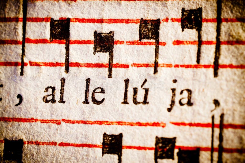 Detail of a 17th century old Latin missal and book of hymns, on the word 'alleluja' (Halleluiah). Detail of a 17th century old Latin missal and book of hymns, on the word 'alleluja' (Halleluiah).