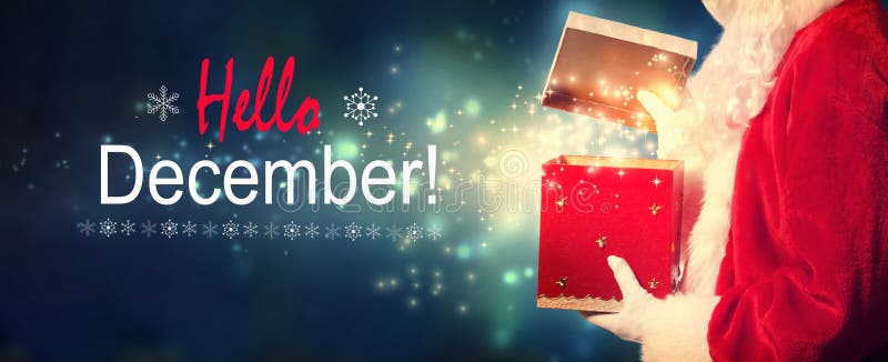 Hallo Dezember-Mitteilung mit Sankt, die eine Geschenkbox öffnet