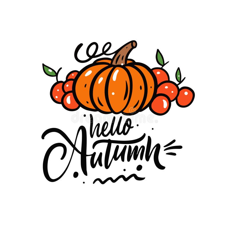Hallo Herbst Kalligrafie Satz. Feiertag. Kürbis- und Äpfelvektor. Design isoliert auf weißem Hintergrund.