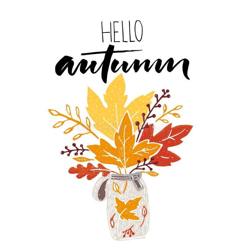 Hallo Herbstkalligraphie mit Illustration des Bündels Ahorns und goldener Blätter Inspirierend Sprechenfalldesign stock abbildung