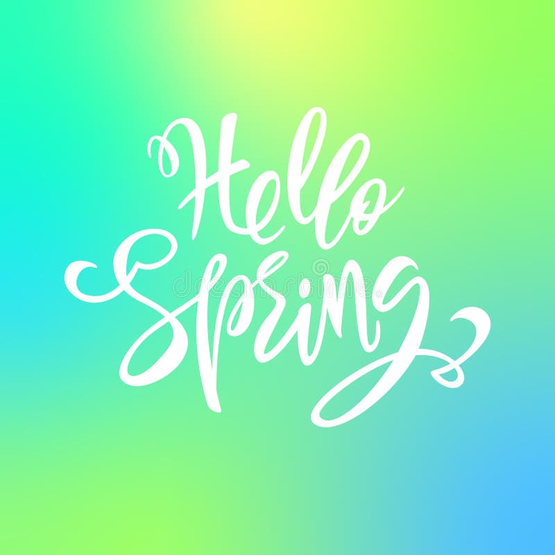 Hallo spring. Schrift auf weißem Hintergrund. farbige Abbildung. Schrift auf holografischem Hintergrund. farbige Vektorgrafik.