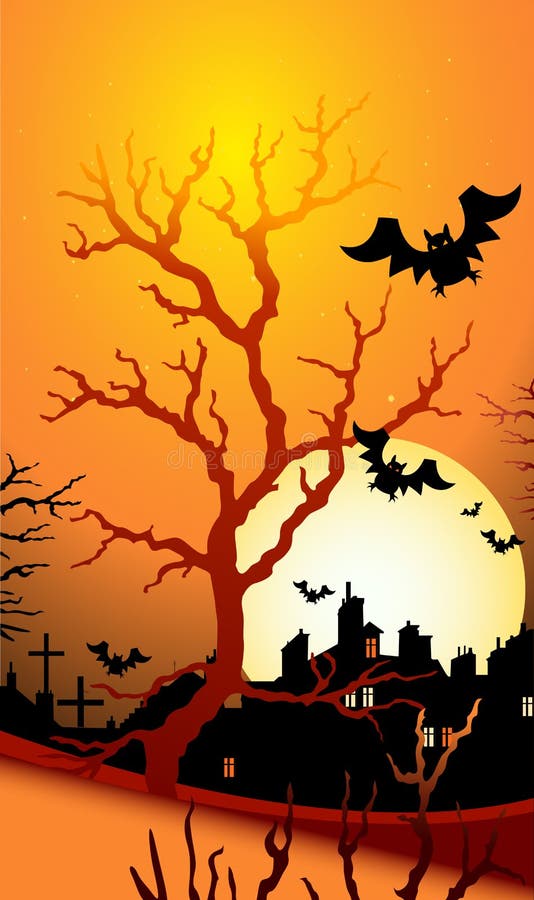 Halloween night with bats flying over rooftops