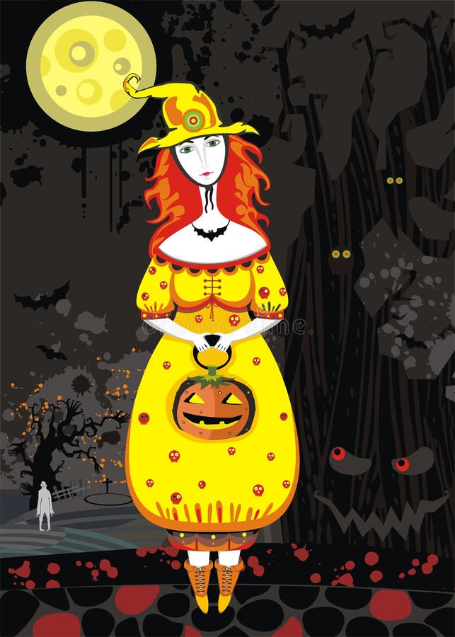 Beautiful young witch with a pumpkin on a cemetery at night. Beautiful young witch with a pumpkin on a cemetery at night